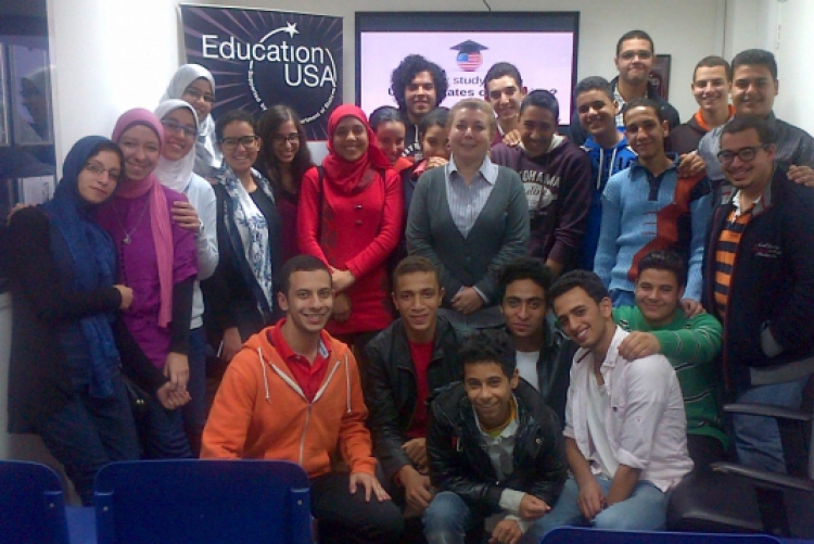Members of the Competitive College Club with advisor Rohayma Rateb (center) in Alexandria, Egypt
