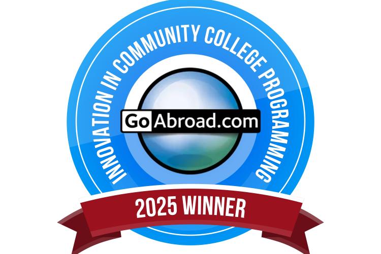A blue badge with text: Innovation in Community College Programming. GoAbroad.com. With a red banner with text: 2025 Winner