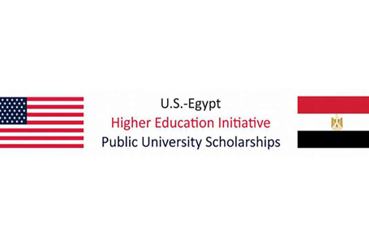 US Flag and Egyptian flag with text reading US-Egypt Higher Education Initiative Public University Scholarships Program