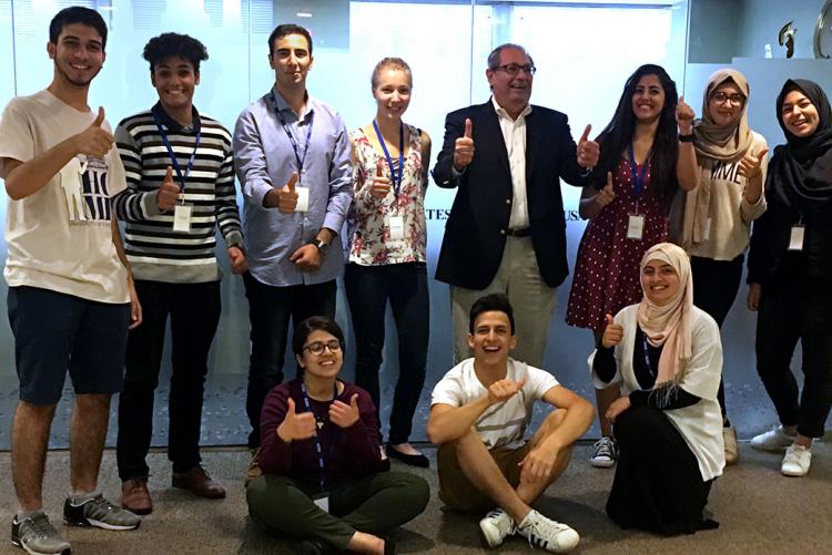 From top left: Mohammed Abumuaileq, Iyad Amer, Khaled Aboughoush, Diana Alzamareh, Ambassador Kattouf, Aziza El-Banna, Fatima Shaat, and Hadeel Al-Hayek. Seated, from left: Sereen Assi, Haitham Al-Atawneh, and Razan Hamad.