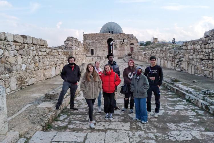 Students pose for photo during a city tour of Amman. 