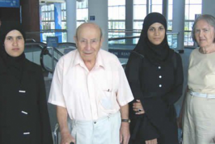 Dr. Fahim Qubain and his wife Nancy greeting new Hope Fund students Manal Zaher and Hiba Al-Assi at Roanoke Airport in 2006. Manal excelled at Bryn Mawr and Hiba is pursuing her PhD in Theoretical Physics at Virginia Tech. 