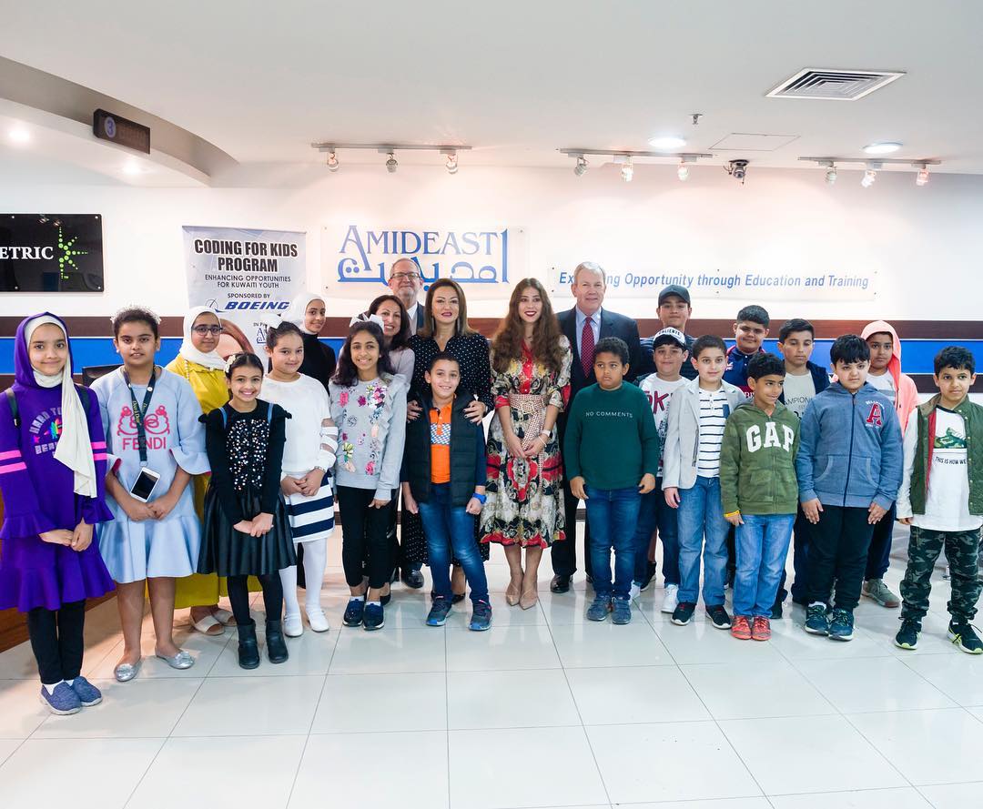 Students in the new "Coding for Kids" course attend the program's opening ceremony in Kuwait City, along with representatives from Boeing and AMIDEAST.