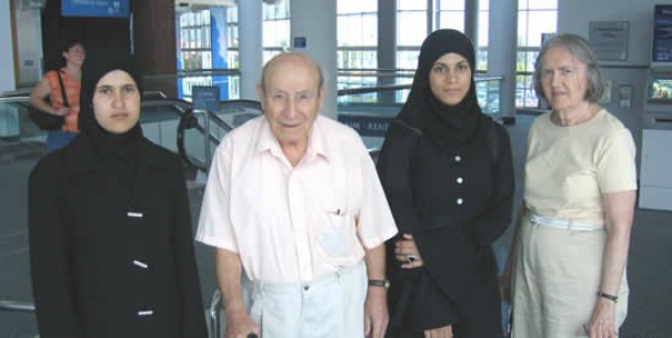 Dr. Fahim Qubain and his wife Nancy greeting new Hope Fund students Manal Zaher and Hiba Al-Assi at Roanoke Airport in 2006. Manal excelled at Bryn Mawr and Hiba is pursuing her PhD in Theoretical Physics at Virginia Tech. 