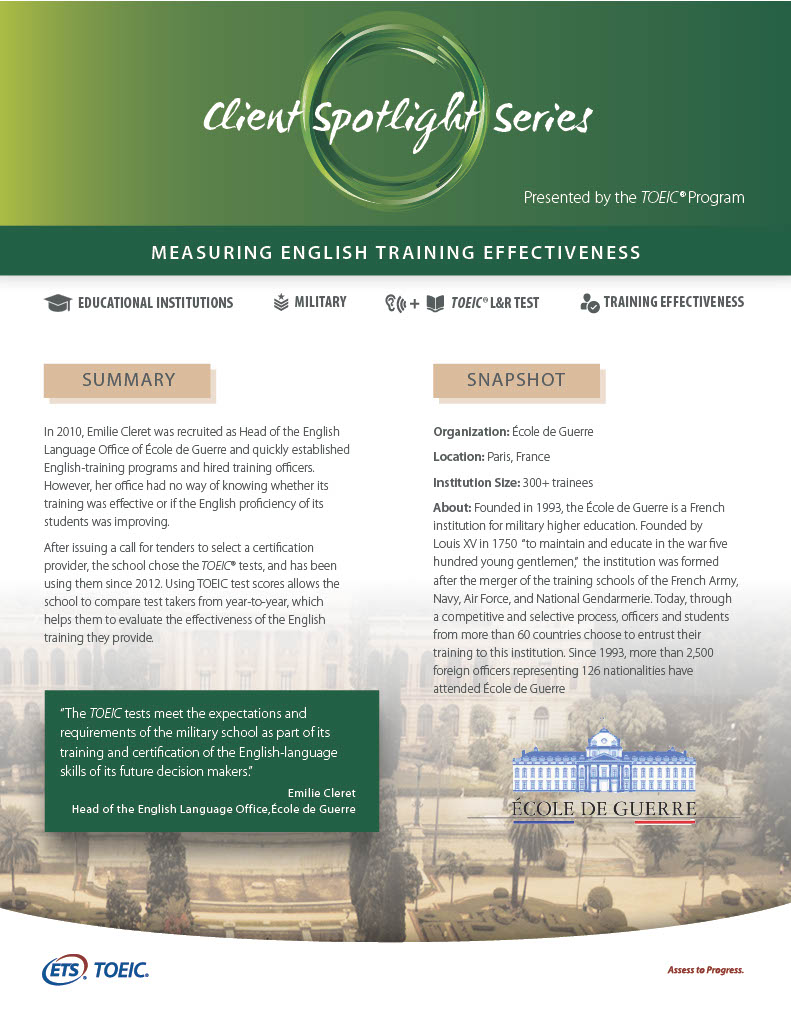École de Guerre, Measuring English Training Effectiveness- TOEIC Test