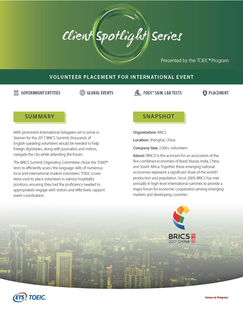 Volunteer Placement for International Event:  Efficiently assesses the language skills of hundreds of hospitality volunteers for the 2017 international event hosted in China