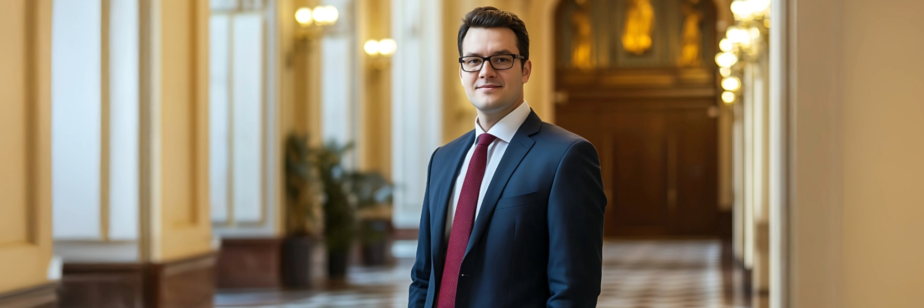 Portrait of an ambassador standing confidently in a government building