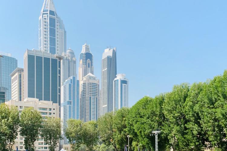 A crowd of students mills around on the green at AUD. Some students play volleyball. The skyscrapers of Dubai rise above the scene in the background