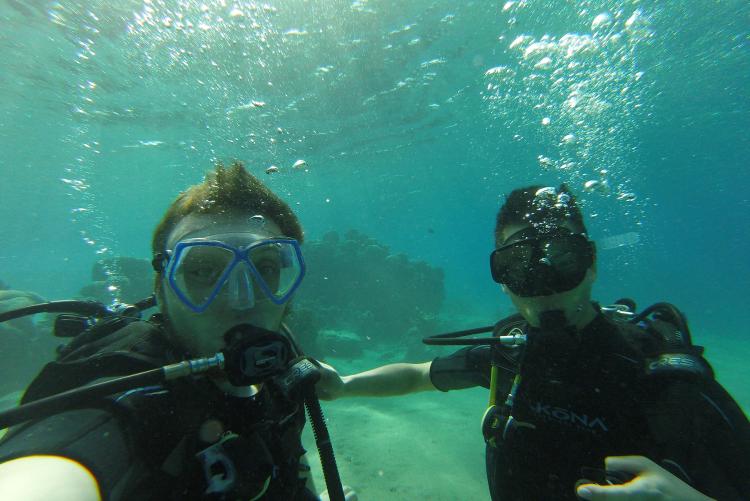 Students scuba dive in the Red Sea near Aqaba, Jordan